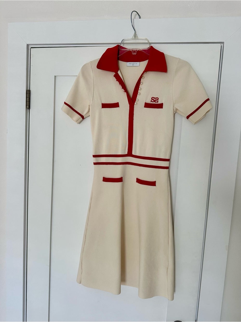 Sandro Cream and Red Dress with Pearl Buttons - Picture 2 of 7